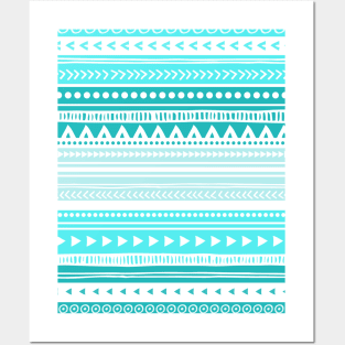 Blue Aqua Teal White tribal pattern Posters and Art